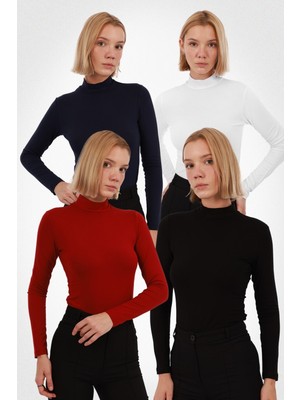 Yade Fashion Kadın Uzun Kollu Balıkçı Yaka Body 4’lü Set – Siyah Beyaz Lacivert Bordo