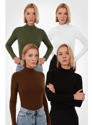 Yade Fashion Kadın Uzun Kollu Balıkçı Yaka Body 4’lü Set – Siyah Beyaz Kahverengi Haki