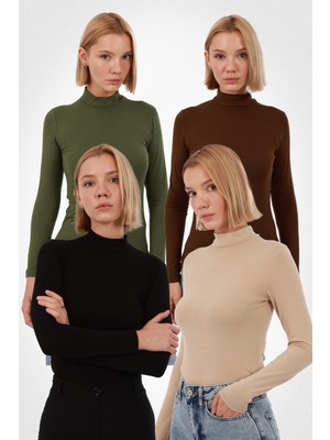 Yade Fashion Kadın Uzun Kollu Balıkçı Yaka Body 4’lü Set – Siyah Ekru Haki Kahverengi