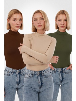 Yade Fashion Kadın Uzun Kollu Balıkçı Yaka Body 3’lü Set – Kahverengi Ekru Yeşil