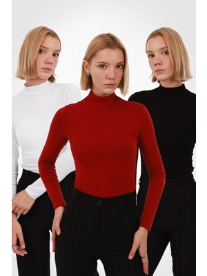 Yade Fashion Kadın Uzun Kollu Balıkçı Yaka Body 3’lü Set – Beyaz Kırmızı Siyah