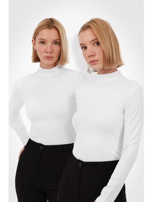 Yade Fashion Kadın Uzun Kollu Balıkçı Yaka Body 2’li Set – Beyaz