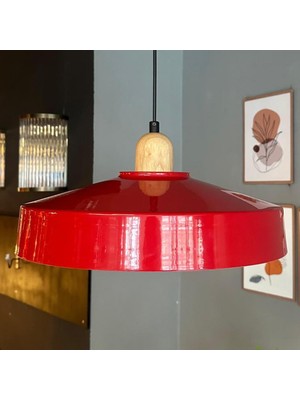 Bamyum Açe Kırmızı Tekli Kalın Ahşap Başlık Avize Retro Sarkıt Ofis Showroom Salon Mutfak Avizeleri