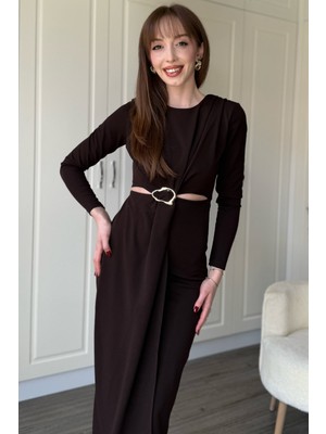 Dilay Gökoğlu Butik Bel Detaylı Uzun Kollu Midi Kahverengi Elbise