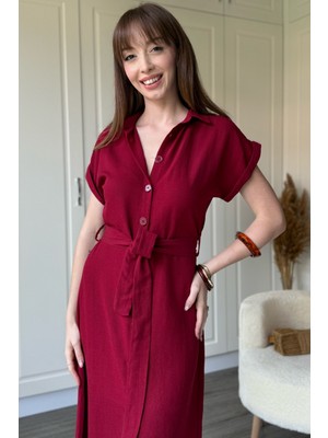 Dilay Gökoğlu Butik Keten Gömlek Bordo Elbise