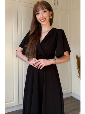 Dilay Gökoğlu Butik Kruvaze Yaka Kolları Volanlı Midi Kahverengi Elbise