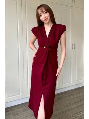 Dilay Gökoğlu Butik Kruvaze Yaka Vatkalı Incili Bordo Elbise