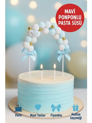 Toyfest Mavi Ponponlu Pasta Süsü – Fiyonklu ve Yıldız Detaylı Cake Topper | Doğum Günü & Parti Süsü
