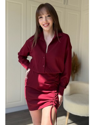 Dilay Gökoğlu Butik Eteği Ayarlanabilir Büzgülü Bordo Gömlek Elbise