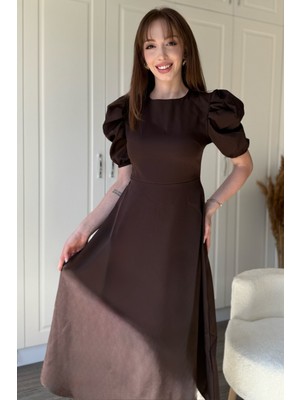 Dilay Gökoğlu Butik Balon Kol Midi Kahverengi Midi Elbise