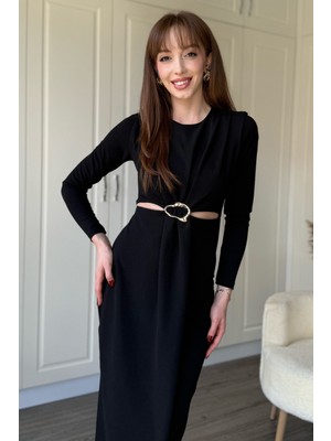 Dilay Gökoğlu Butik Bel Detaylı Uzun Kollu Midi Siyah Elbise