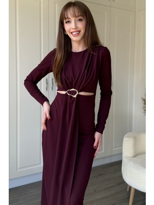 Dilay Gökoğlu Butik Bel Detaylı Uzun Kollu Midi Bordo Elbise