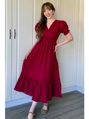 Dilay Gökoğlu Butik Bordo Müslin Kumaş Kısa Kol Elbise