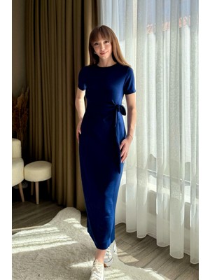Dilay Gökoğlu Butik Bağlamalı Lacivert Midi Modal Elbise