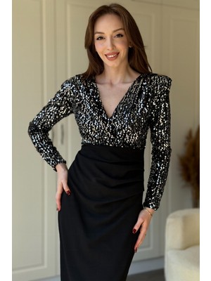 Dilay Gökoğlu Butik Pullu V Yaka Parıltılı Vatkalı Zarif Midi Elbise