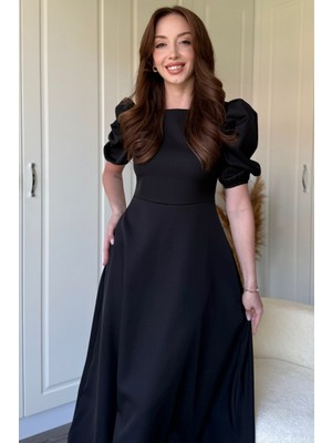 Dilay Gökoğlu Butik Balon Kol Midi Siyah Elbise