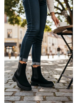 Veli Kundura Zarif Nubuk Siyah Lastikli  Kauçuk Taban Kadın Bot