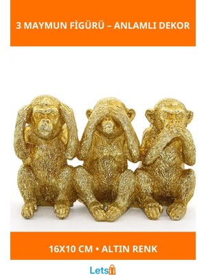Letsii Altın Renkli Polyester 3 Maymun Figürü Görmedim Duymadım Bilmiyorum