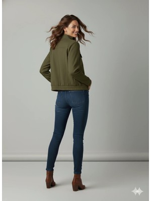 Cemo Kadın Taba Zarif Kısa Ceket Toka Detaylı Dik Yaka Cepli Süet/kaşe Baharlık Ceket