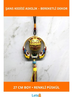 Letsii Renkli Püsküllü Şans Kedisi Feng Shui Dekoratif Askılık 27CM