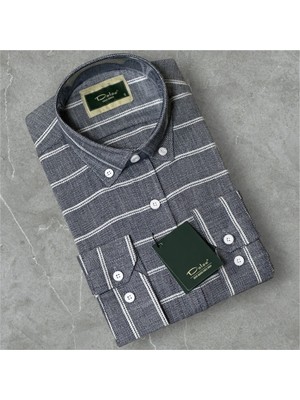 Dolse Slimfit Premium Hasır Dokuma Çizgili Keten Gömlek