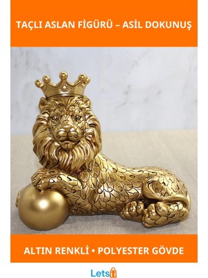 Letsii Şık Altın Renkli Polyester Dekoratif Taçlı Aslan Figürü 17X22 cm