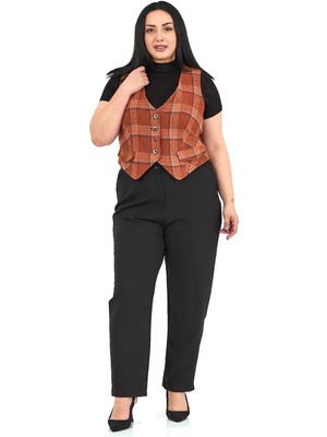 Disentis Modest Büyük Beden Düğme Kapamalı Cep Kapaklı Astarlı Kısa Tarçın Yelek