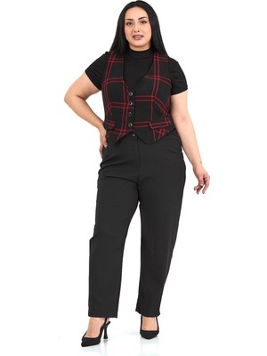 Disentis Modest Büyük Beden Düğme Kapamalı Cep Kapaklı Astarlı Kısa Siyah Kırmızı Yelek