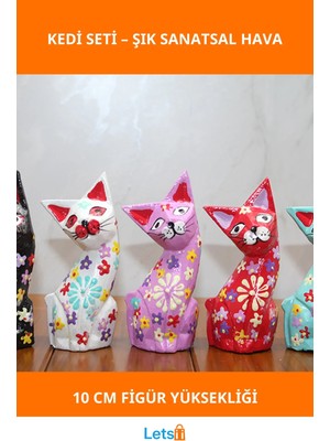Letsii Doğal Ahşap 10 cm 5'li Kedi Figürü Dekoratif Set
