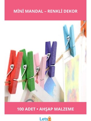 Letsii Rengarenk Ahşap Mini Mandal 100 Adet Dekoratif Aksesuar
