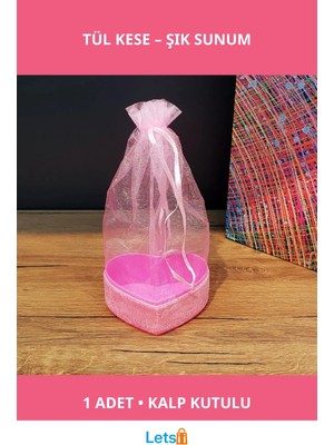 Letsii Pembe Kalpli Tül Kese ve Simli Kalp Kutusu