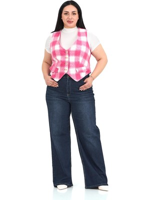 Disentis Modest Büyük Beden Düğme Kapamalı Cep Kapaklı Astarlı Kısa Pembe Yelek