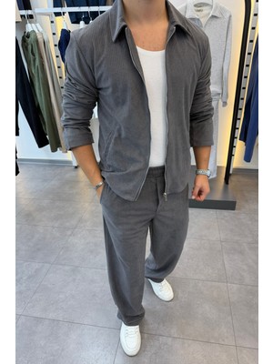 Mass Plus Slimfit Yakalı Astarlı Yan Cep Baggy Pantolonlu Kadife Takım