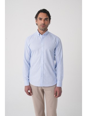 Bisse Regular Fit Spor Yaka Çift Pamuk Mavi Erkek Gömlek GMEKS4K242023_D35