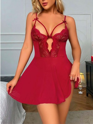 Marsilyan-  Bordo Dantel Işlemeli Göğüs Ip Detaylı Fantezi Tül Gecelik Takımı