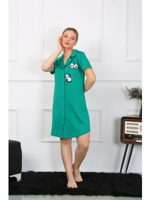 Marsilyan Marsilyan- Kadın Pamuklu Penye Kısa Kol Düğmeli Yeşil Tunik Gecelik