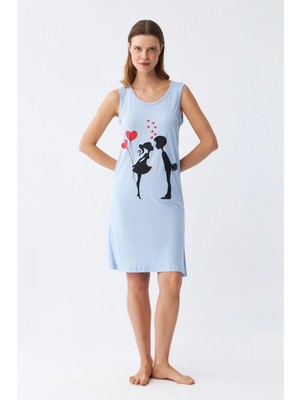 Marsilyan Marsilyan- Kadın Kalın Askılı Penye Diz Üstü Mavi Gecelik