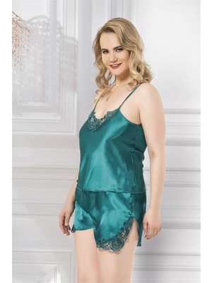 Venüs Shopping Büyük Beden Zümrüt Saten Babydoll Şort Takımı