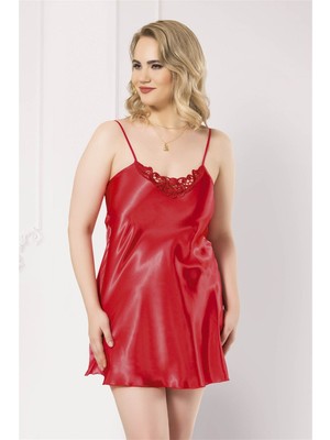 Venüs Shopping Büyük Beden Kırmızı Kısa Saten Gecelik