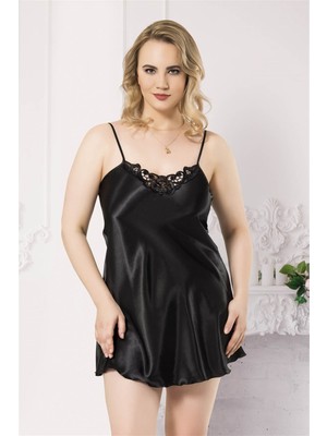 Venüs Shopping Büyük Beden Siyah Kısa Saten Gecelik