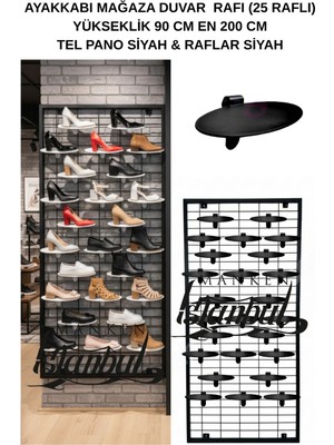 Manken İstanbul Duvara Monte Ayakkabı Rafı - 25 Raflı - 90X190 cm - Pano Siyah - Raflar Siyah