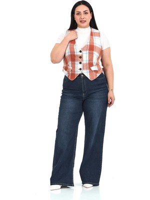 Disentis Modest Büyük Beden Düğme Kapamalı Cep Kapaklı Astarlı Kısa Kiremit Yelek