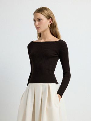 Adl Yakası Açık Triko Kazak Kahve 13942993002