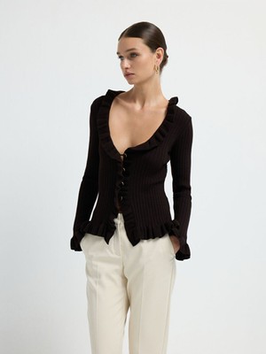 Adl Volanlı Triko Hırka Kahve 13443026002