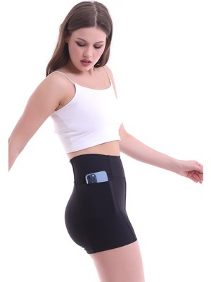 Win Moda Kadın Siyah Renk Cepli Tayt Şort Korse Kumaş Sıkılaştırıcı Düz Paça Rahat Kalıp