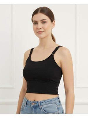 Lucien Vela Basic Siyah Crop Bustiyer Yuvarlak Yaka Sırtı Çapraz Askılı Metal Detaylı