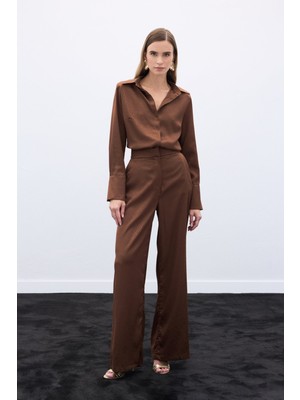Sateen Jakarlı Pantolon - Kahve