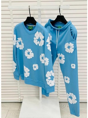 Afri Mavi Renk Çiçek Desenli Oversize 3 Iplik Erkek Eşofman Takımı - %100 Pamuk