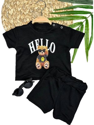 Venüs Shopping 9-12-18-24 Ay Hello Gözlüklü Ayıcık Baskılı Şortlu Kısa Kollu Tişört 2li Erkek Bebek Takımı