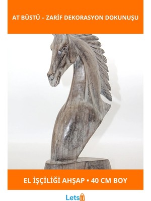 Letsii El Işçiliği Ahşap At Büstü 40 cm Dekoratif Obje